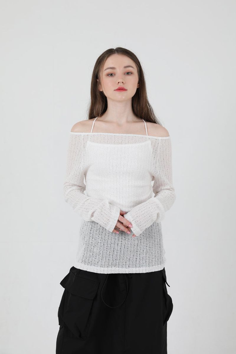 See-Throught Back Slit Long Sleeve Knit White