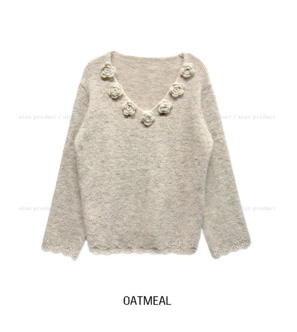Rosy Flower Hairy V-neck Knit