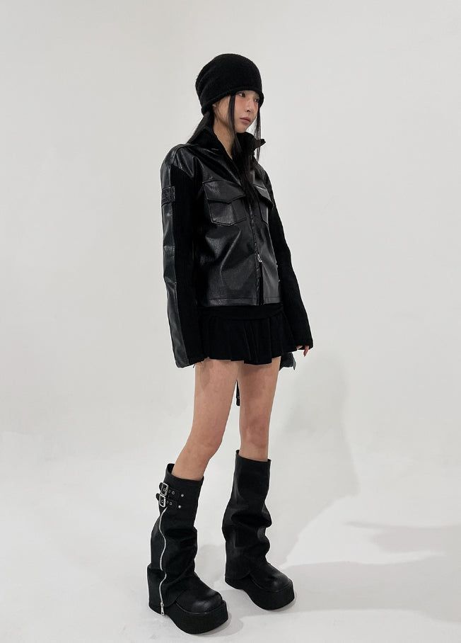 [LANARCH] Amber Leather Pocket Neck Zip-Up