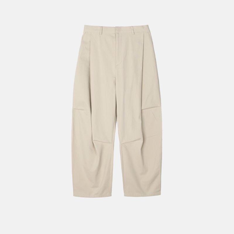 Unbalanced pintuck curved pants