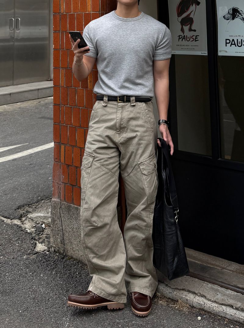 Twill curved wide cargo pants