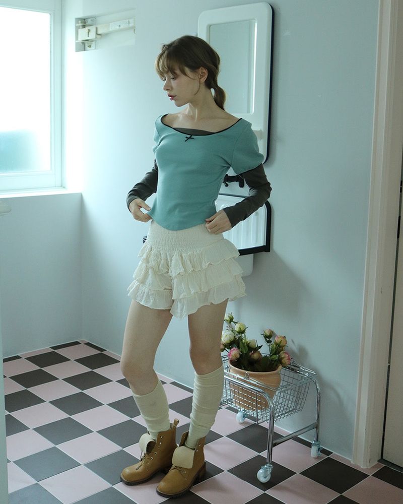 Puff lace layered top / sky-blue