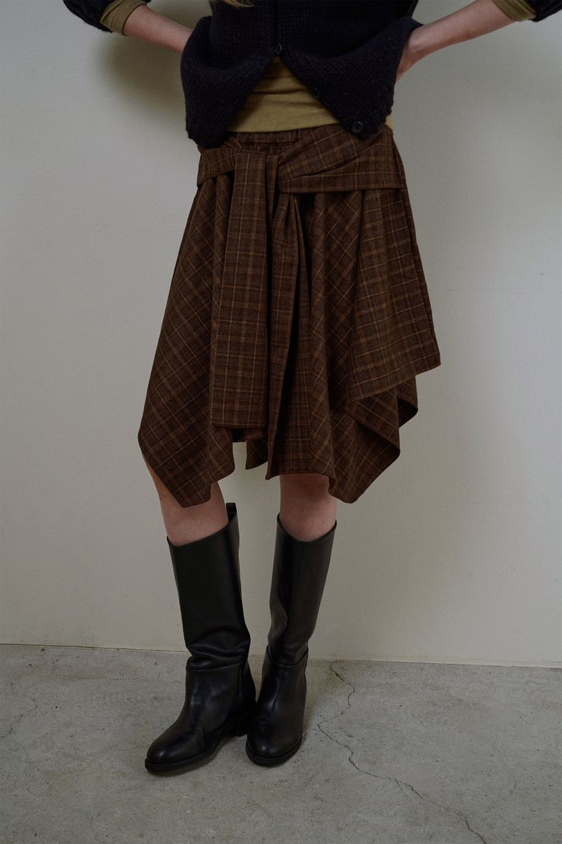 Wave check skirt_brown