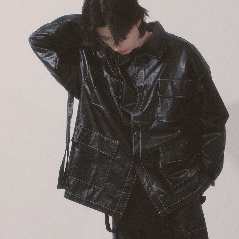glossy strap shirt_black
