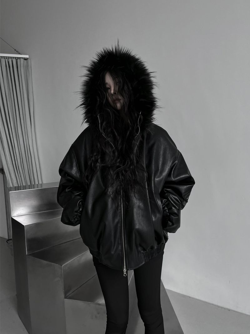 overfit fur hood leather jacket