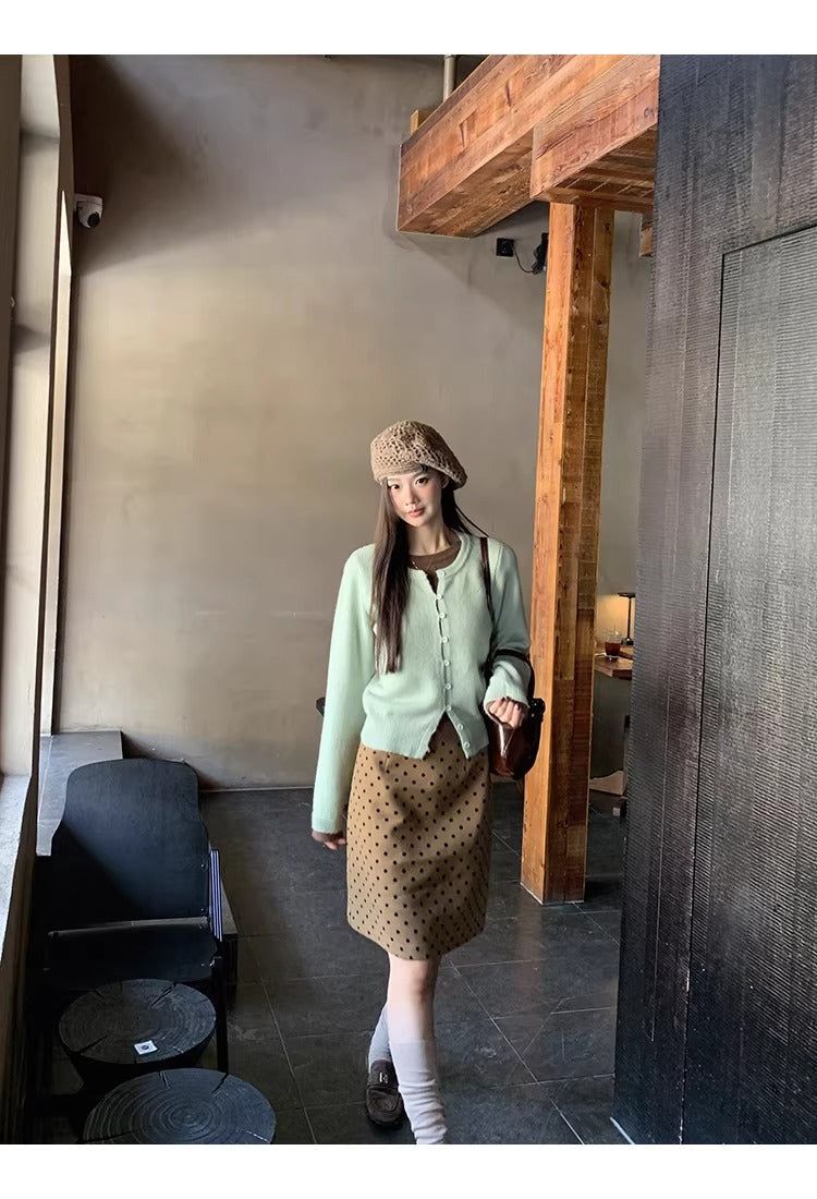 camel brown wool dot midi skirt