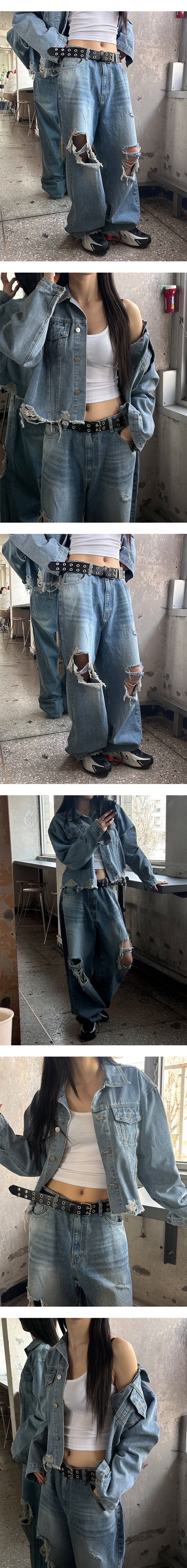  [Unisex] Knee destroyed wide denim pants