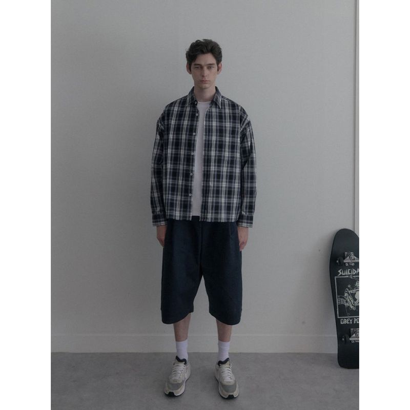 Vintage Washing gray blue check shirts