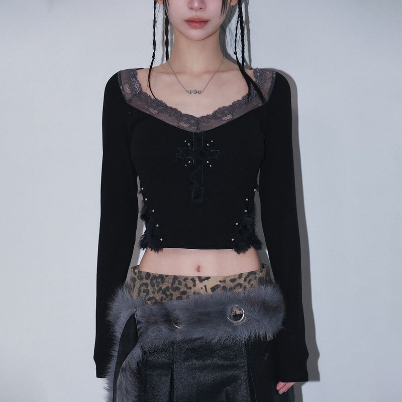 cross patch lace sleeve - black