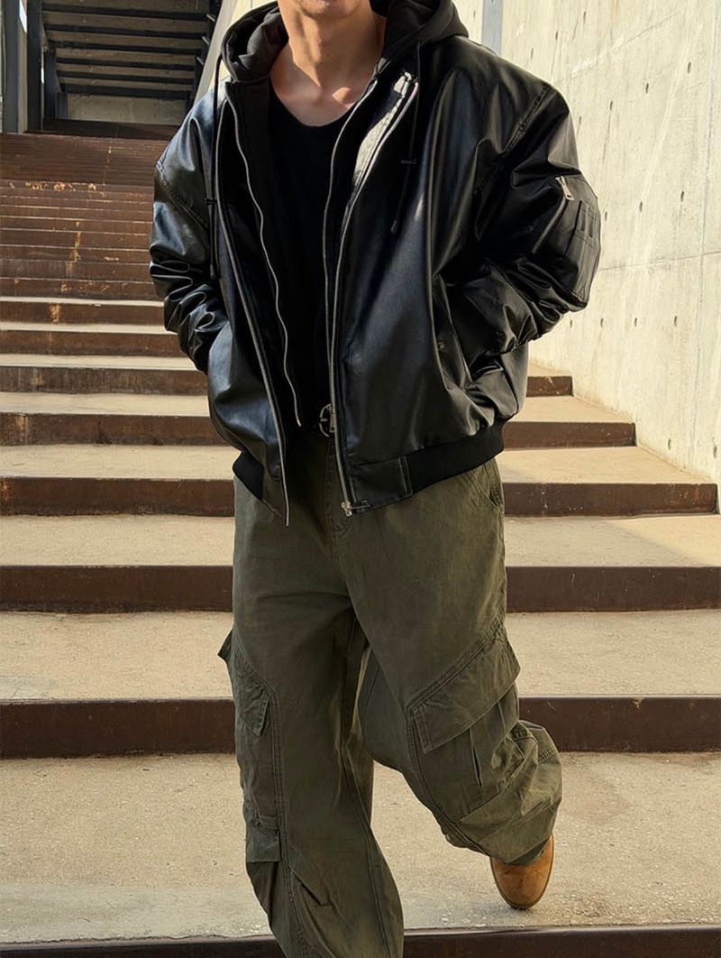 Hood layered leather blouson(3color)