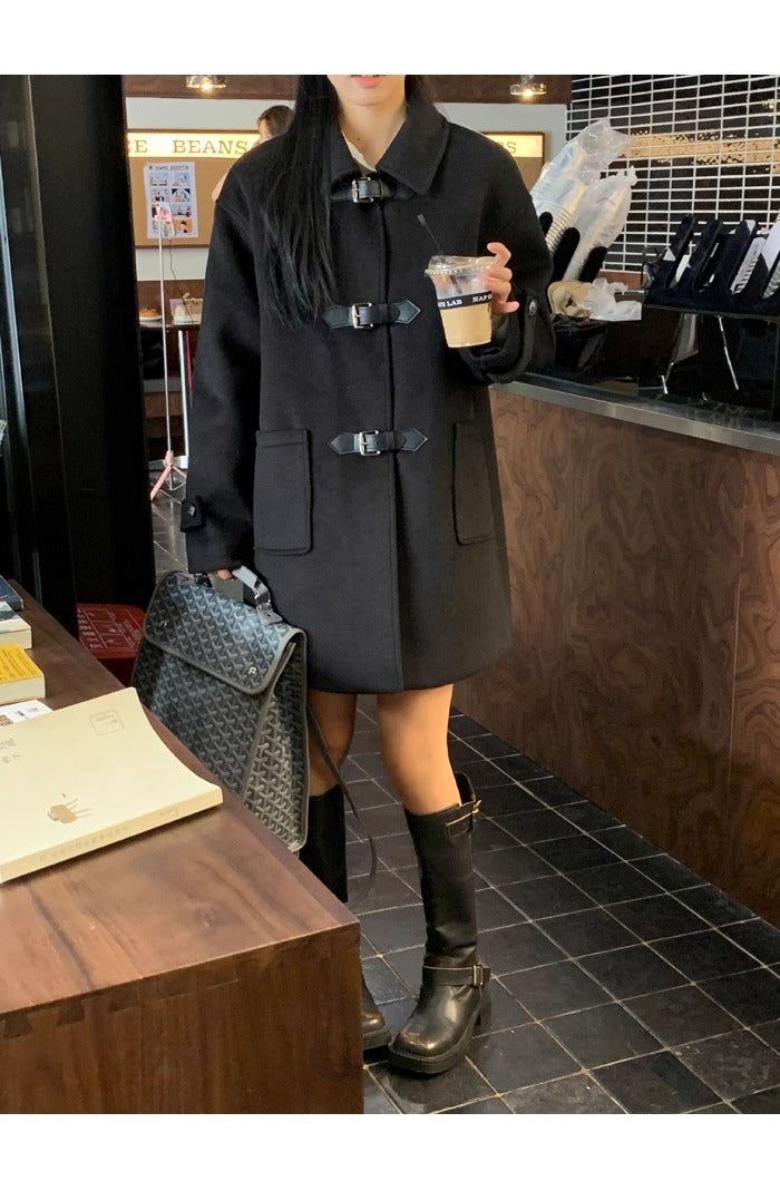 wool black collar buckle half coat