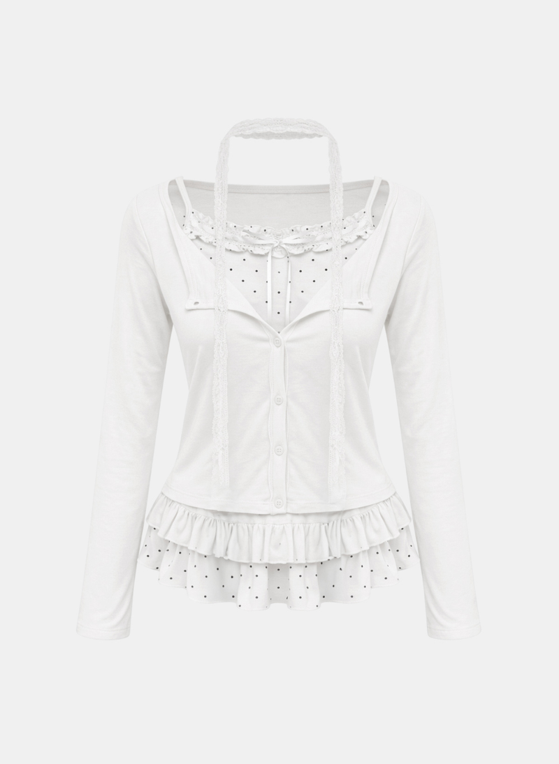 Miel Dot Frill Cardigan Set