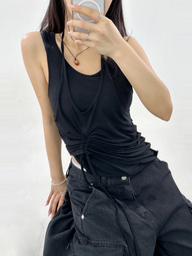 LAYERED SHIRRING POINT SLEEVELESS🤎💚🖤🤍 - 4 COLORS