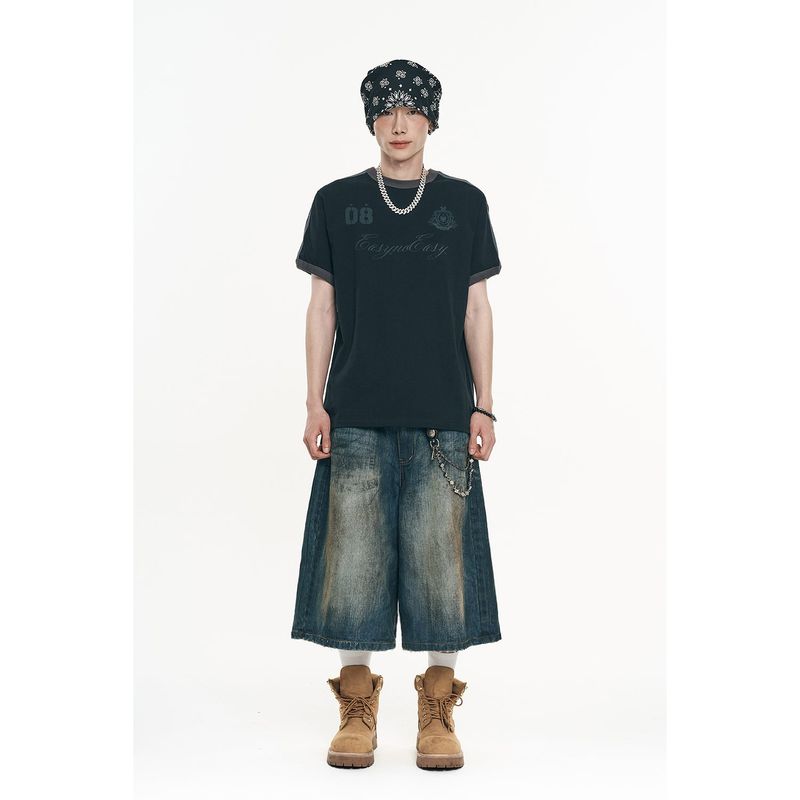 Oil-washed Bermuda denim pants - Deep Blue