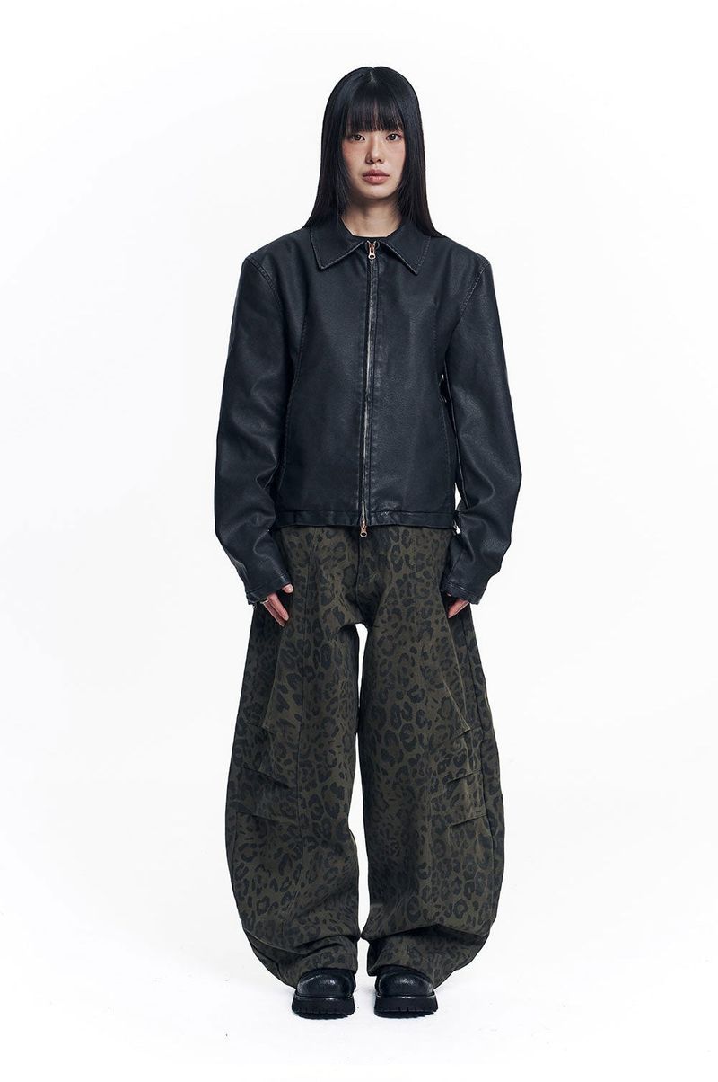 Washed Leather Crop Jacket - Black