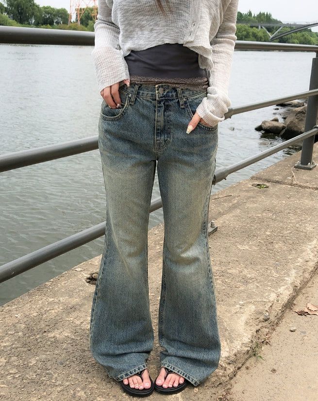 Tier Cat Washed Semi-Bootcut Denim Pants