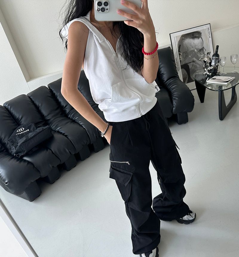 Backless Hooded Zip-Up Sleeveless