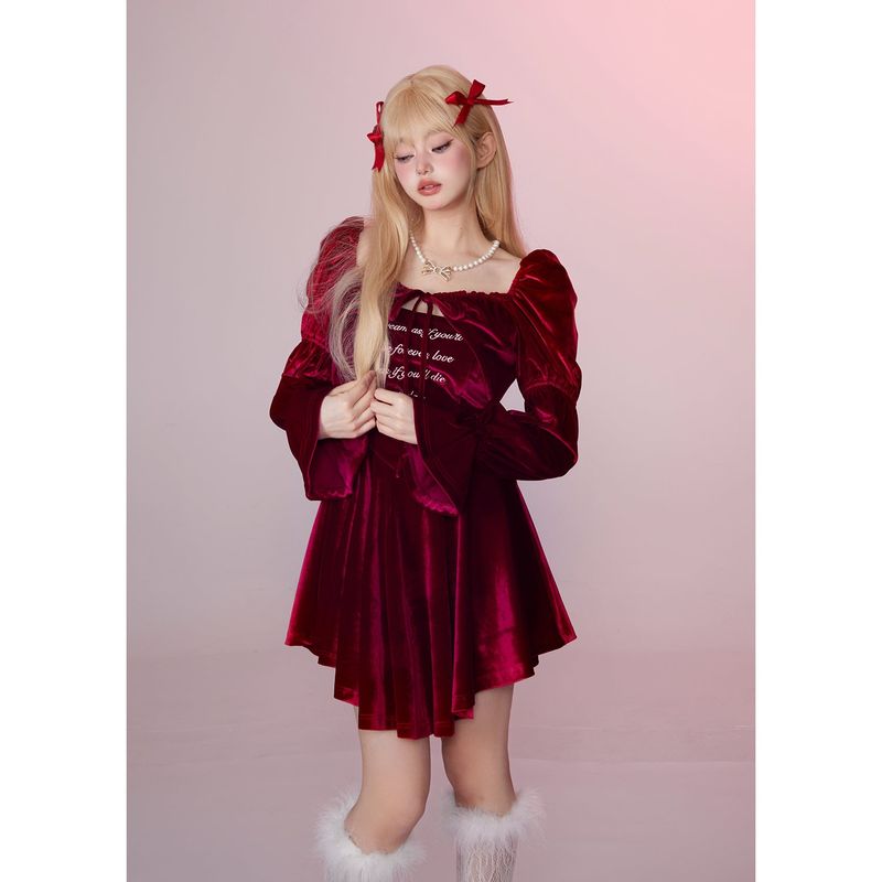 [Girly Fancy Club] レトロレッドベルベットツーピースプリンセスドレス
