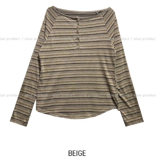 Dien Button Stripe Boat Neck Long Sleeve