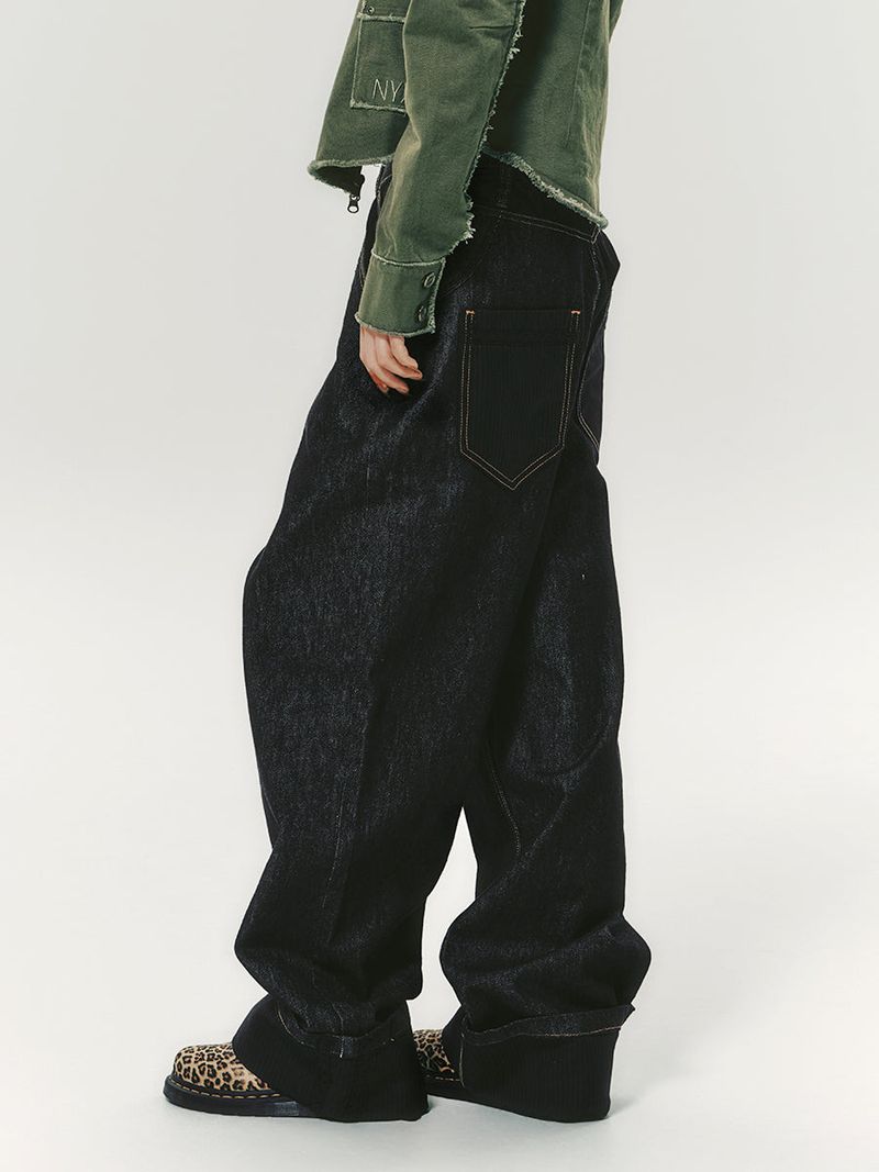 LACE ROLL UP DENIM PANTS BLACK