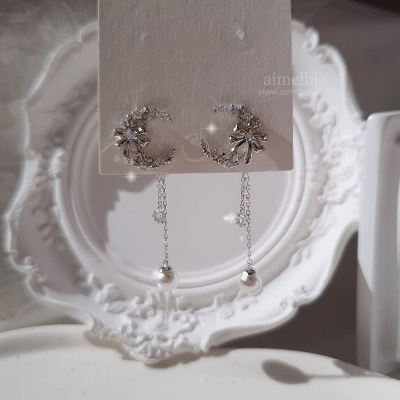  Dainty Ribbon and Moon Earrings - Silver
