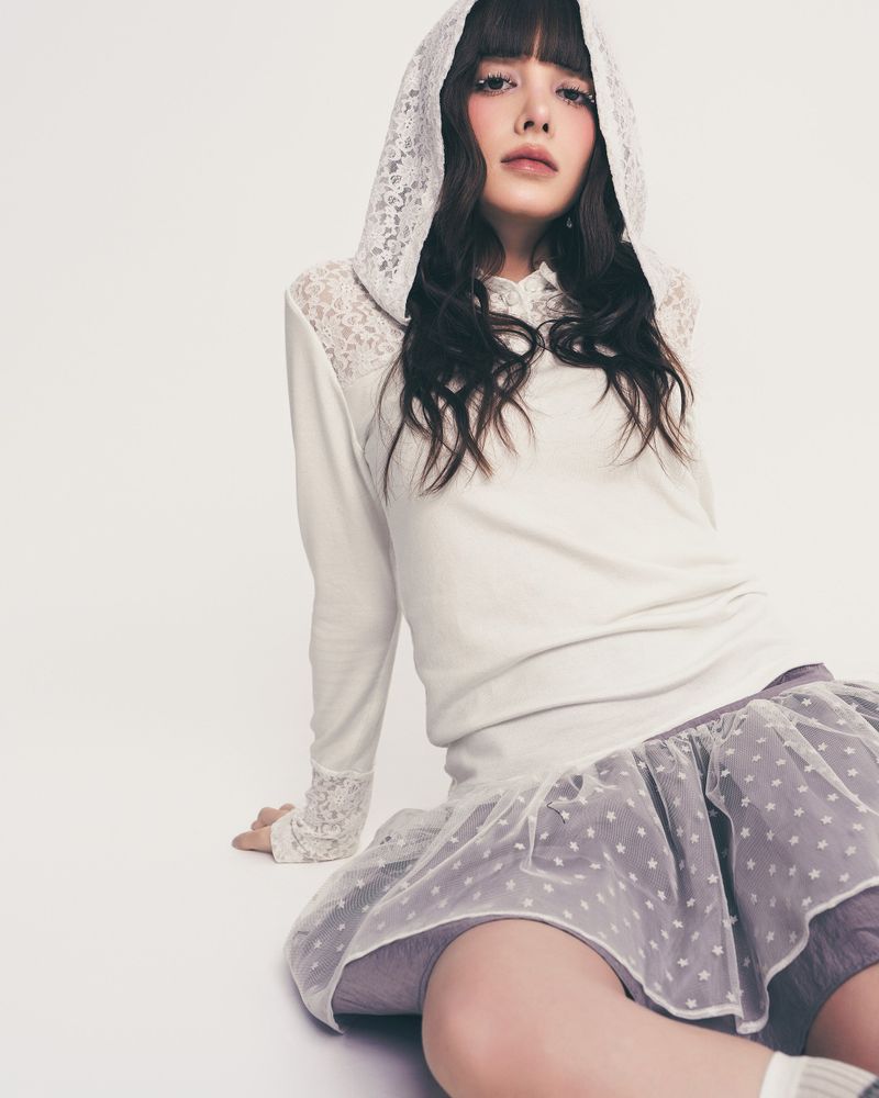 button lace hoodie top long ver. / white