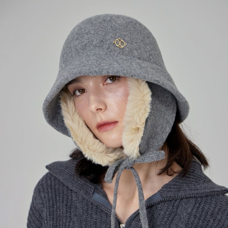 VA Curved Circle Logo Wool Blend Flap Bucket Hat / Melange Gray
