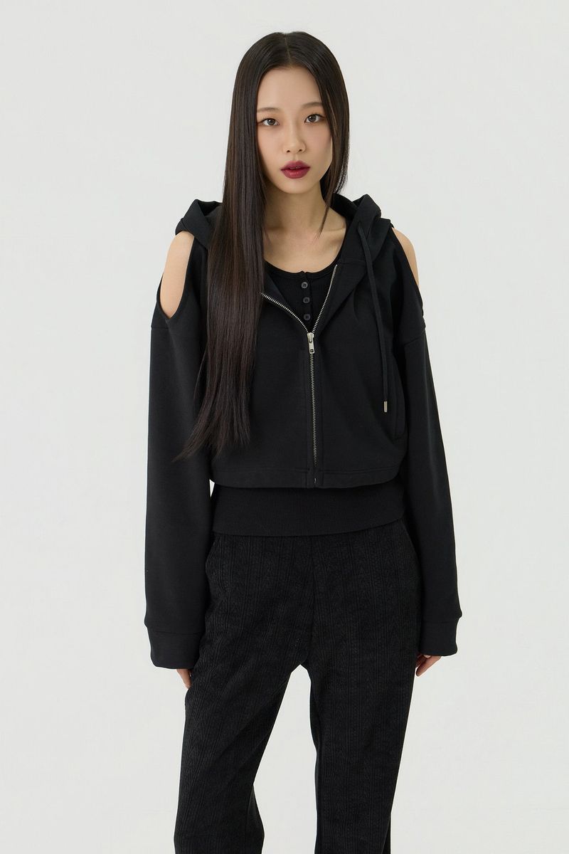 Shoulder Cutout Crop Hooded Zip-Up, Black