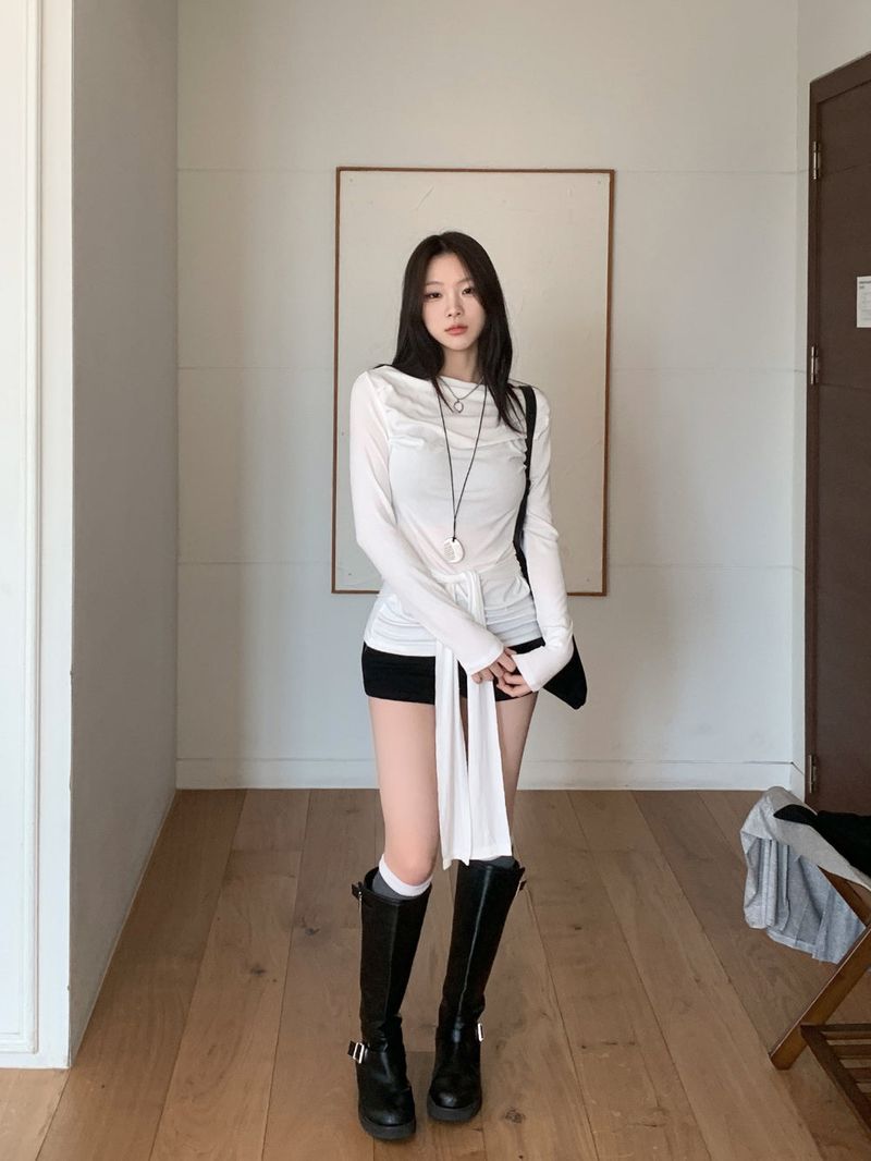 Loving Front Wrap Tie Boat Neck Long Sleeve Tee 