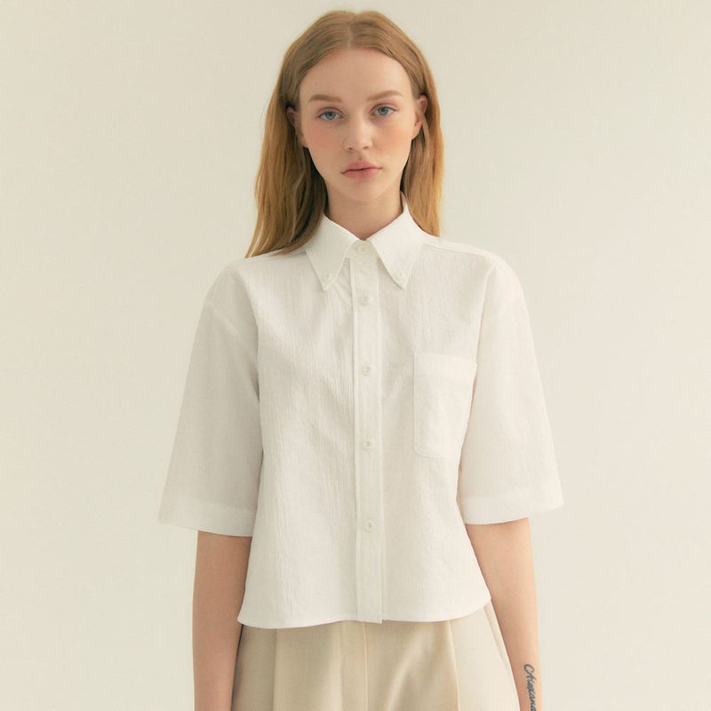 Stripe Wrinkle Pocket Crop Shirt (White)