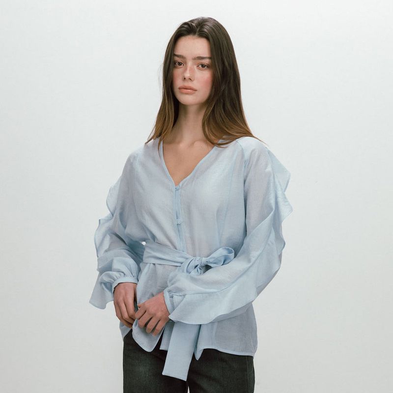 FRILL BELTED BLOUSE / SKYBLUE