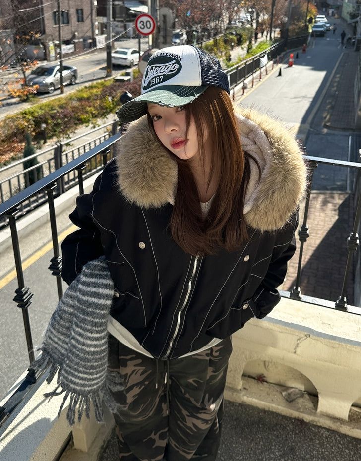 Trisher Raccoon Fur Cut-Out Padded Jumper