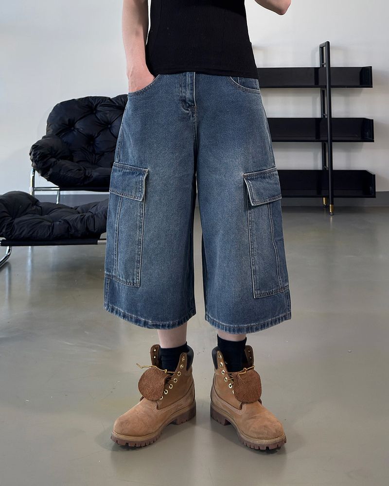 Kazen Washed Cargo Bermuda Denim Pants