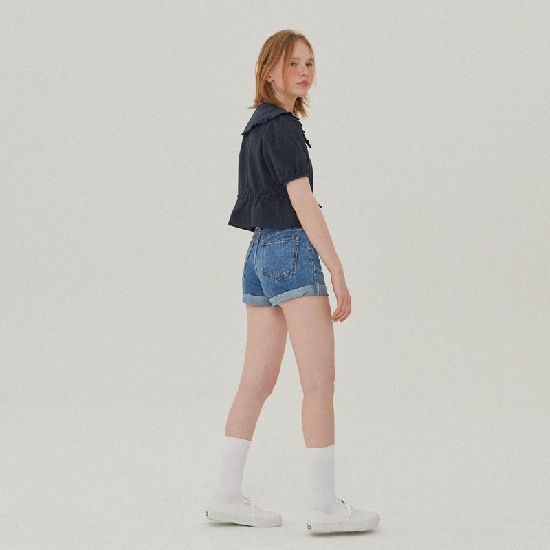 RUFFLE COLLAR CROP BLOUSE_NAVY