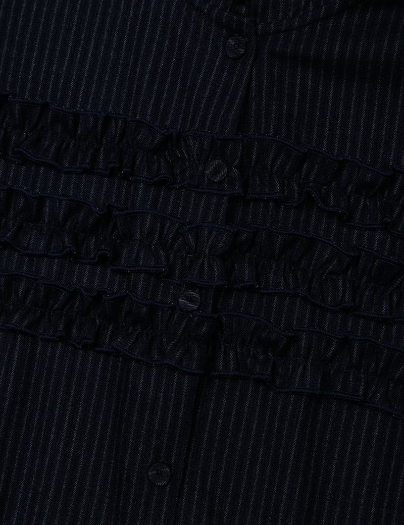 STRIPE RUFFLE HOODED SHIRT(NAVY)