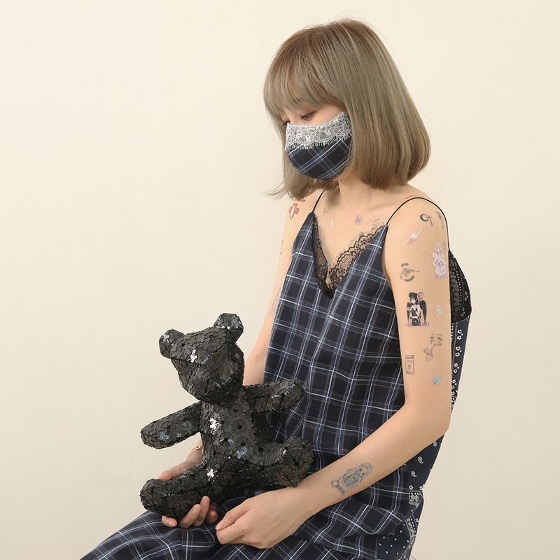 navy check lace mask