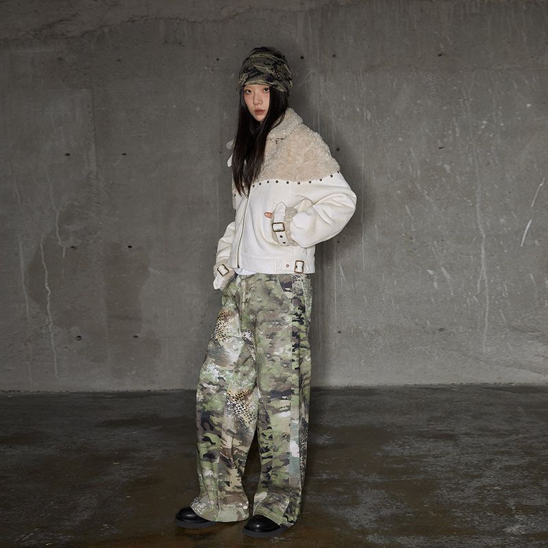  Camouflage leopard print split design loose straight trousers