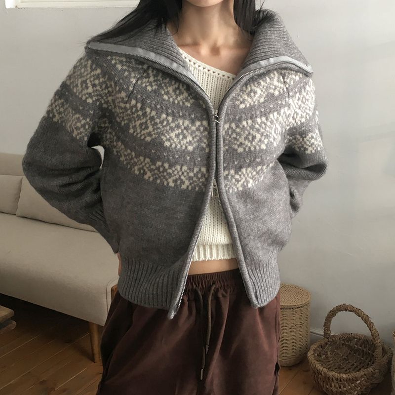 Helky Nordic Pattern Two-Way Knit Zip-Up