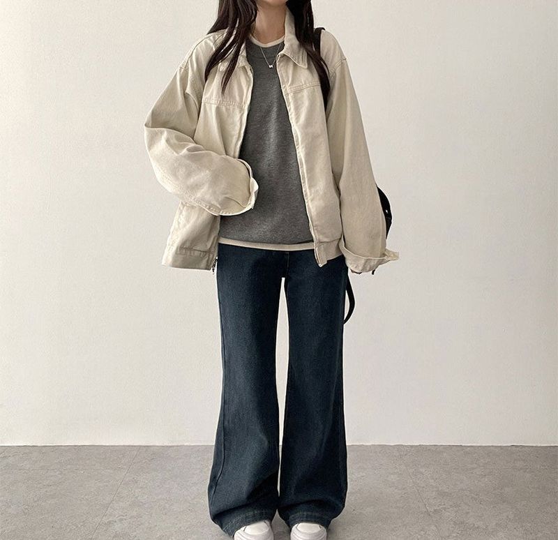 Rentto Basic Collar Zipper Loose Fit Cotton Jacket