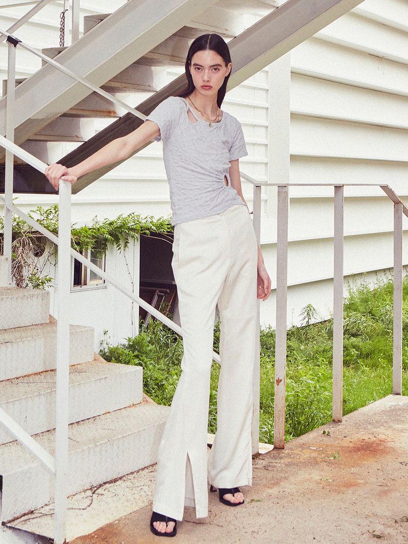  [LINE] Hole Shirring Strap T-shirt (Lightgray)