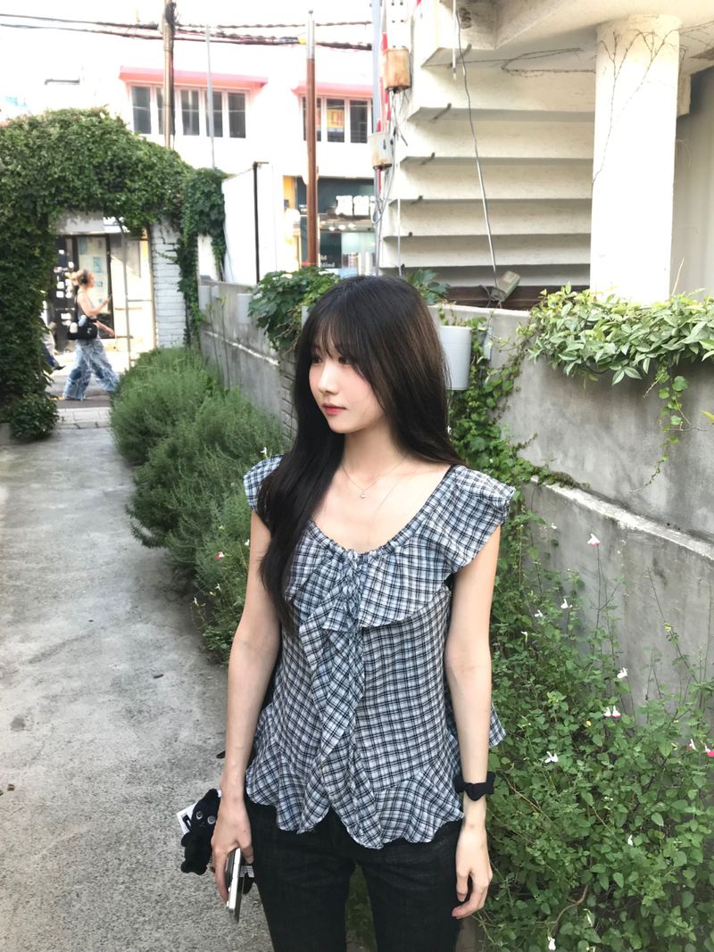 Checked frill blouse (2 colors)