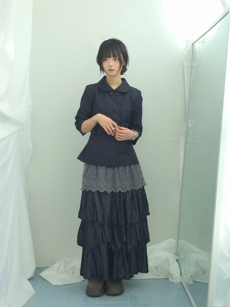 Diagonal Layer Shirring Long Skirt