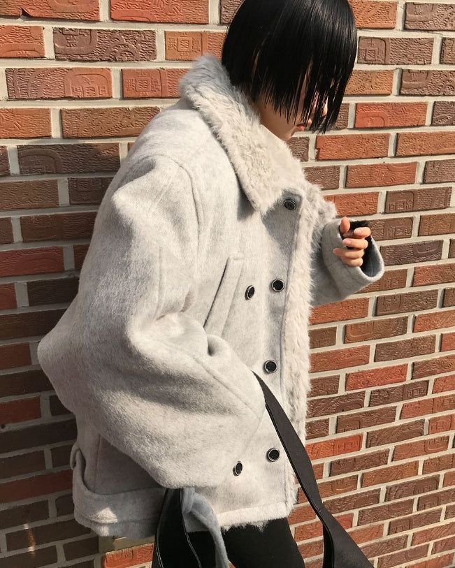 (3oz Quilting) FUR-COLLAR DOUBLE SHORT COAT