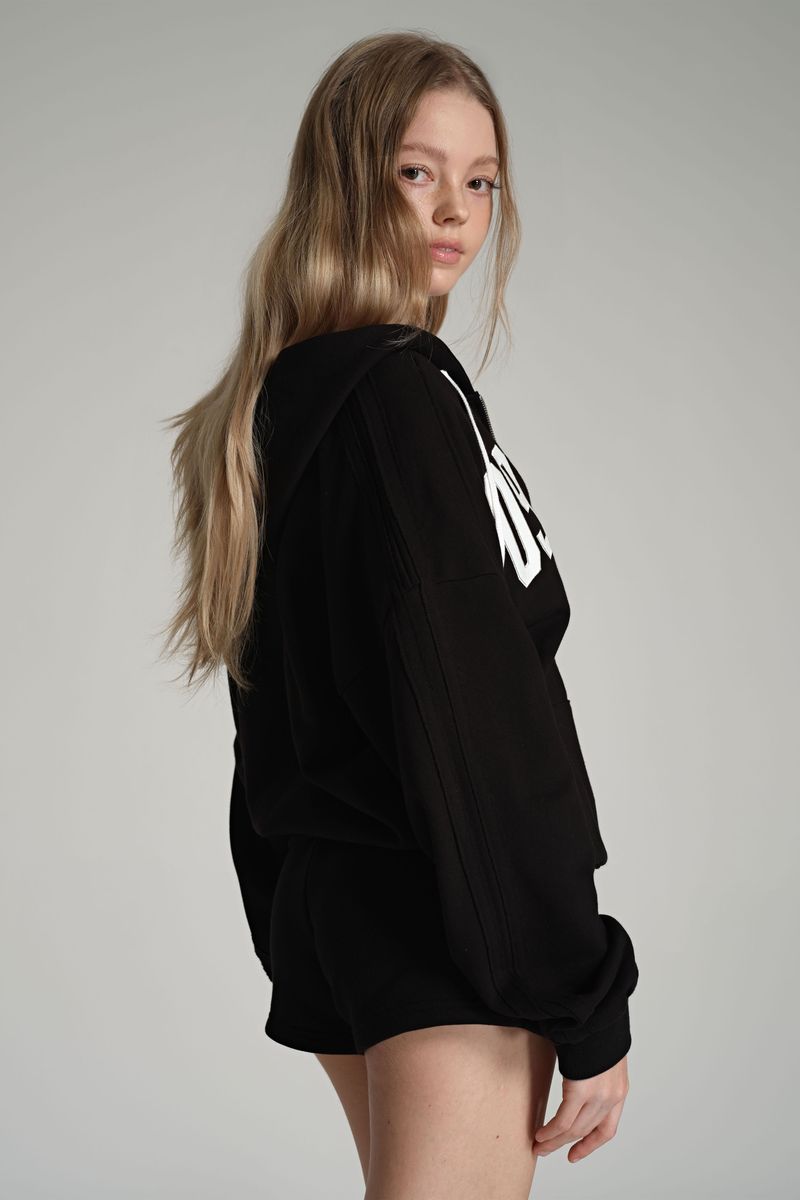 09 Numbering hooded zip-up, Black