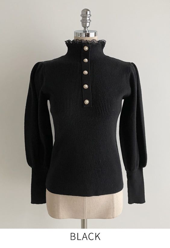 Levin Puff Pearl Button Frill Lace Turtleneck Knit