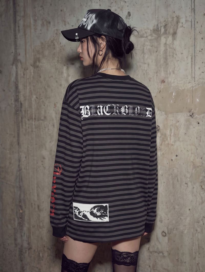 BBD Anxiety Multi Patch Stripe Long T-Shirt (Black&Charcoal)