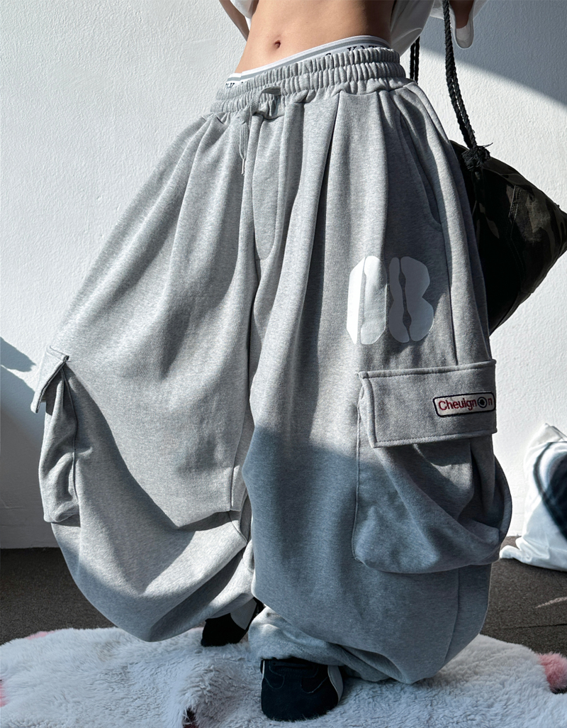 NUMBERING PATCH SWEAT BALLOON LOOSE WIDE CARGO PANTS 🩵🩶🖤 - 3 COLORS