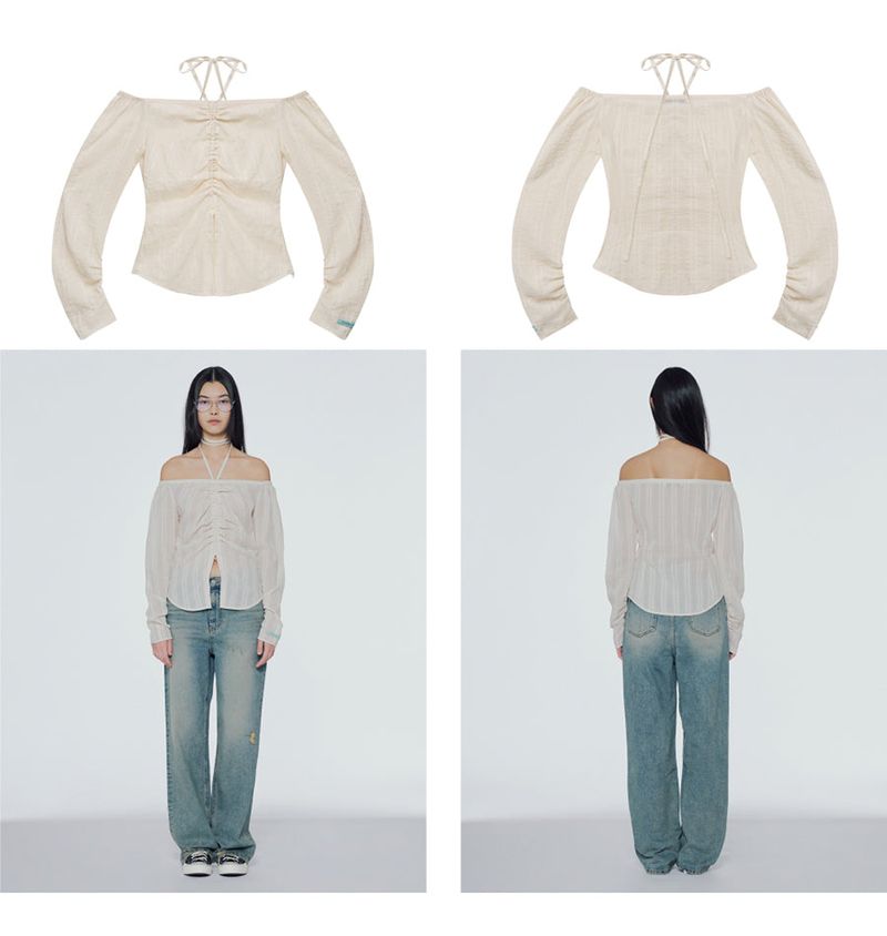 Off-the-shoulder shirred blouse