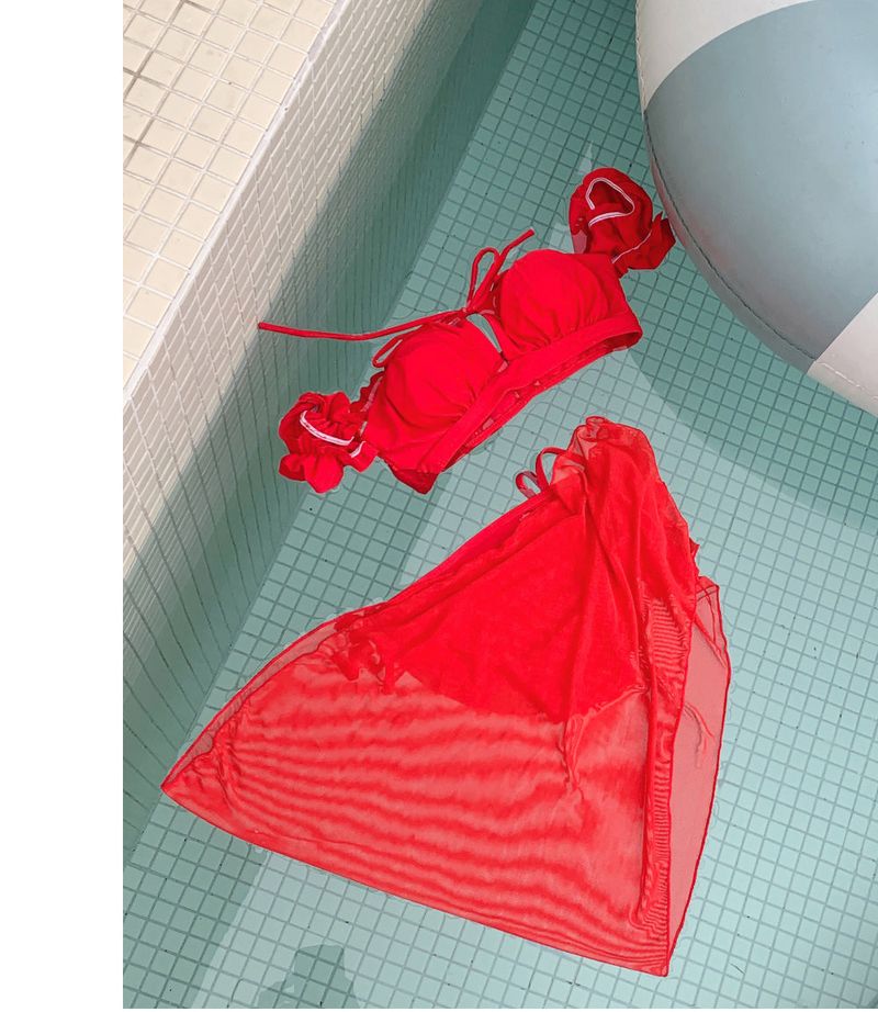 Rose Tide Off-Shoulder Chiffon Cover-Up 3pcs Bikini SET