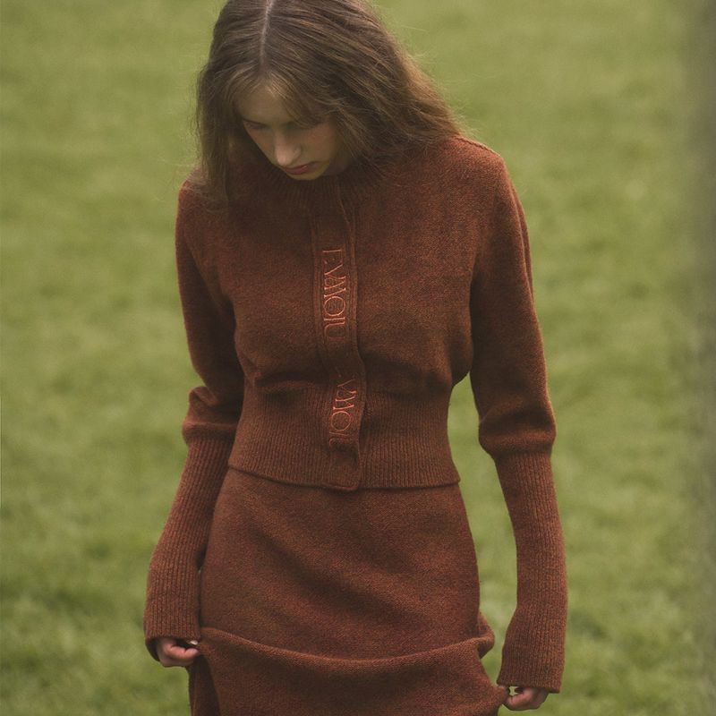ALPACA KNIT LONG SKIRT - BRICK BROWN